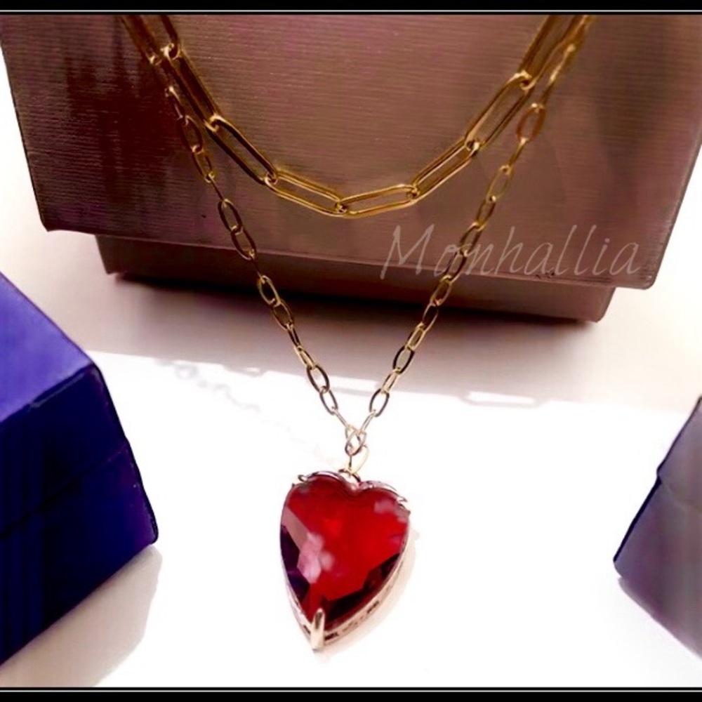 NEW GOLD STEEL RED HEART TRANSLUCENT CRYSTAL PENDANT NECKLACE